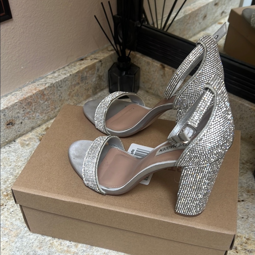 Steve Madden Carrson Silver Crystal ankle strap Heels